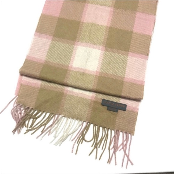 Louisa Perini 100% Cashmere fringe Plaid Scarf Pink & Beige - Picture 1 of 6